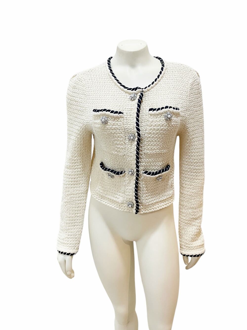 Self Portrait Cream Sequin Knitted Crop Cardigan Crystal Pearl Buttons Medium